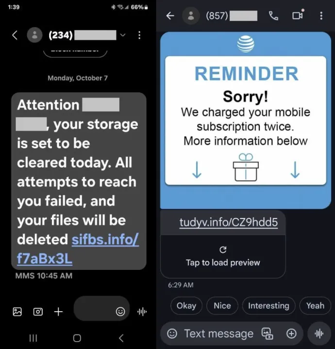 Phishing attempts delivered via SMS messages (smishing) 