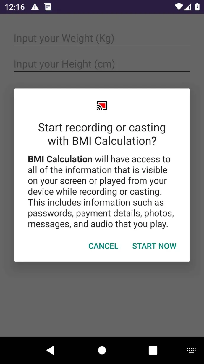 BMI Calculation requesting to start screen recording, despite being unable to send the recording file to its C2