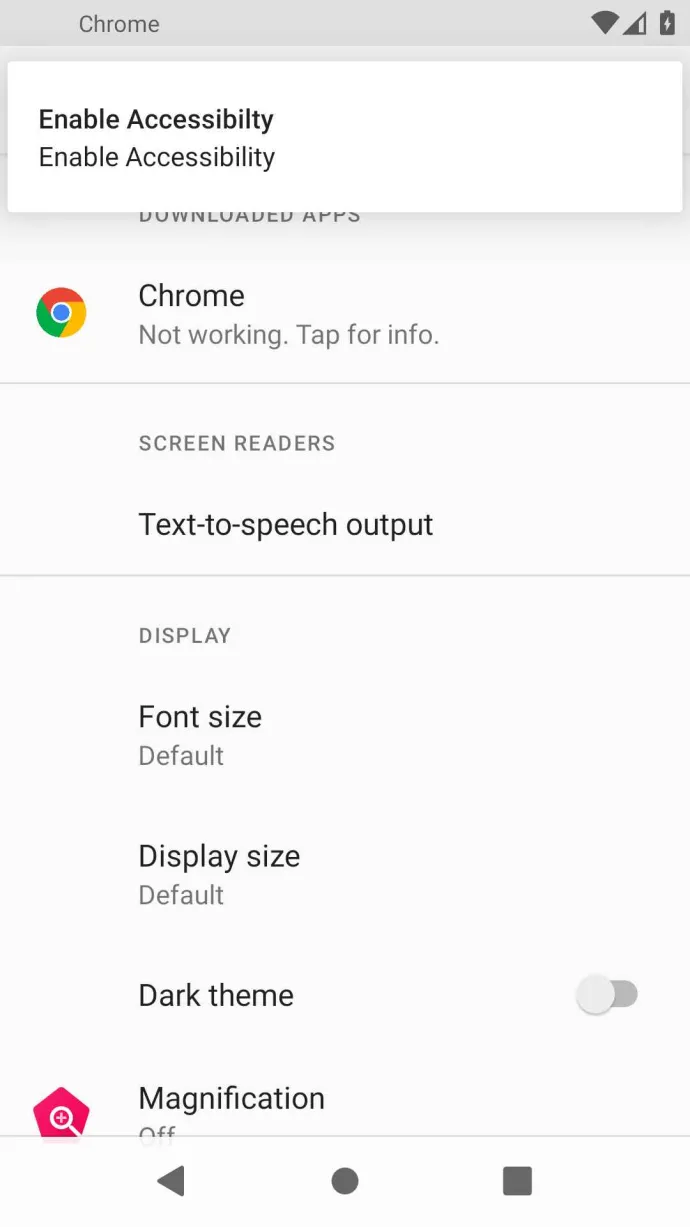 DroidBot asking for Accessibility Service permissions with a persistent notification coming from the top bar