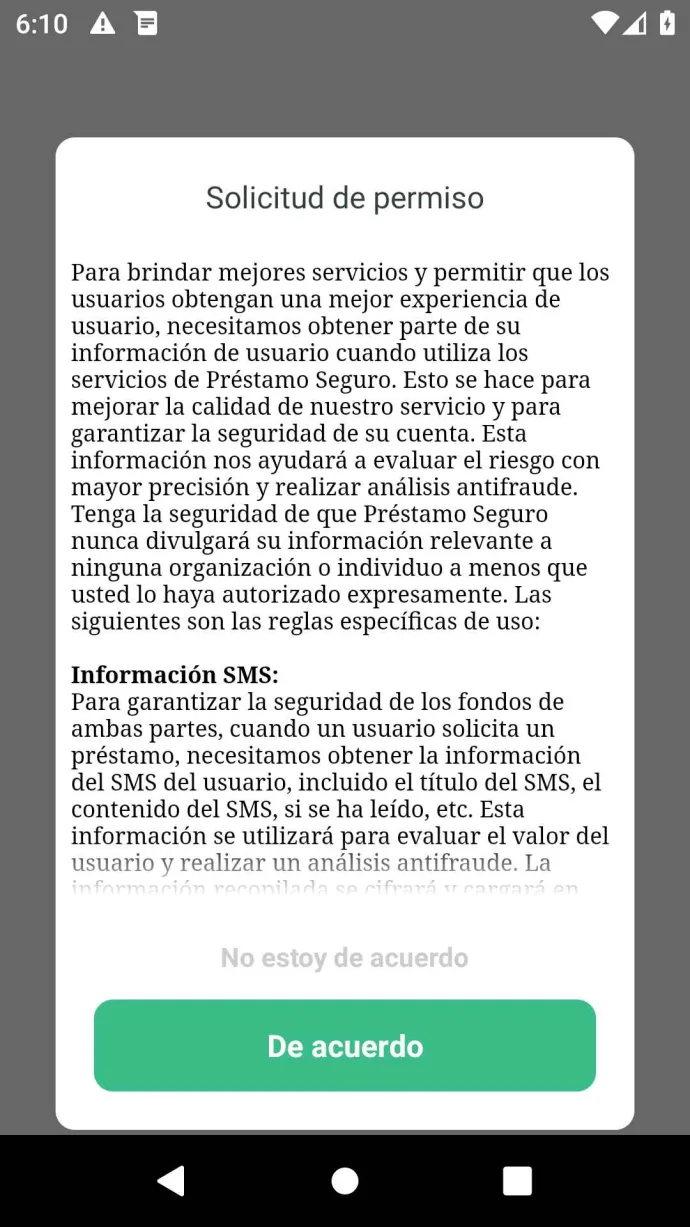 SpyLoan makes a request to access personal information which includes SMS, contacts, location, and others