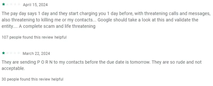 Victim reviews from the PlayStore, showcasing the threats and extortion they have been subjected to by the SpyLoan operators