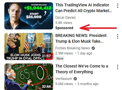 Sponsored video advertisement displayed in the list of recommended videos