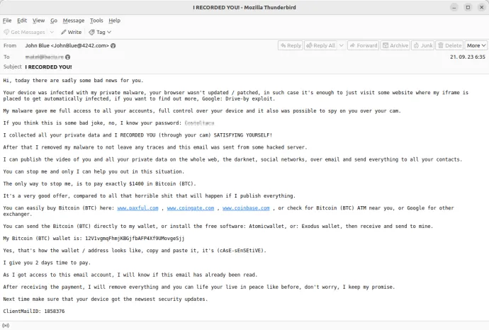 Sextortion email referencing infected device