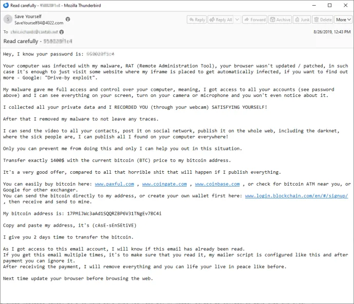 Sextortion email containing a password and a reference to RAT