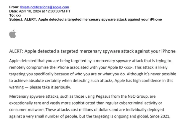 A sample Threat notification from Apple, alerting the user that they have been targeted by mercenary spyware