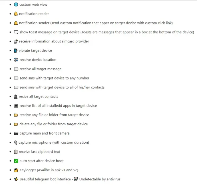 DogeRAT’s promised features listed on its GitHub page