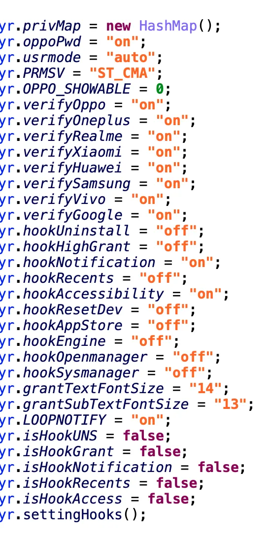 The SpyNote config containing various settings and checks, such as having Accessibility enabled 