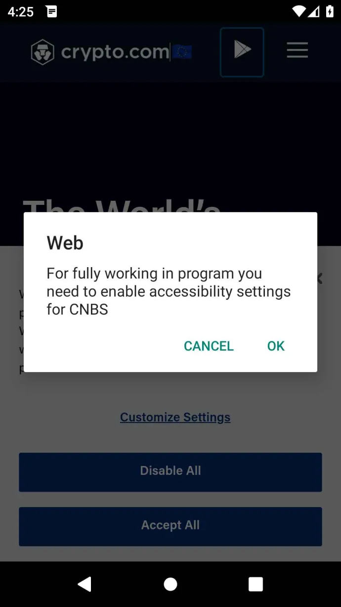 Chameleon banker masquerading as the Crypto.com app requesting Accessibility permissions to initiate its malicious activity