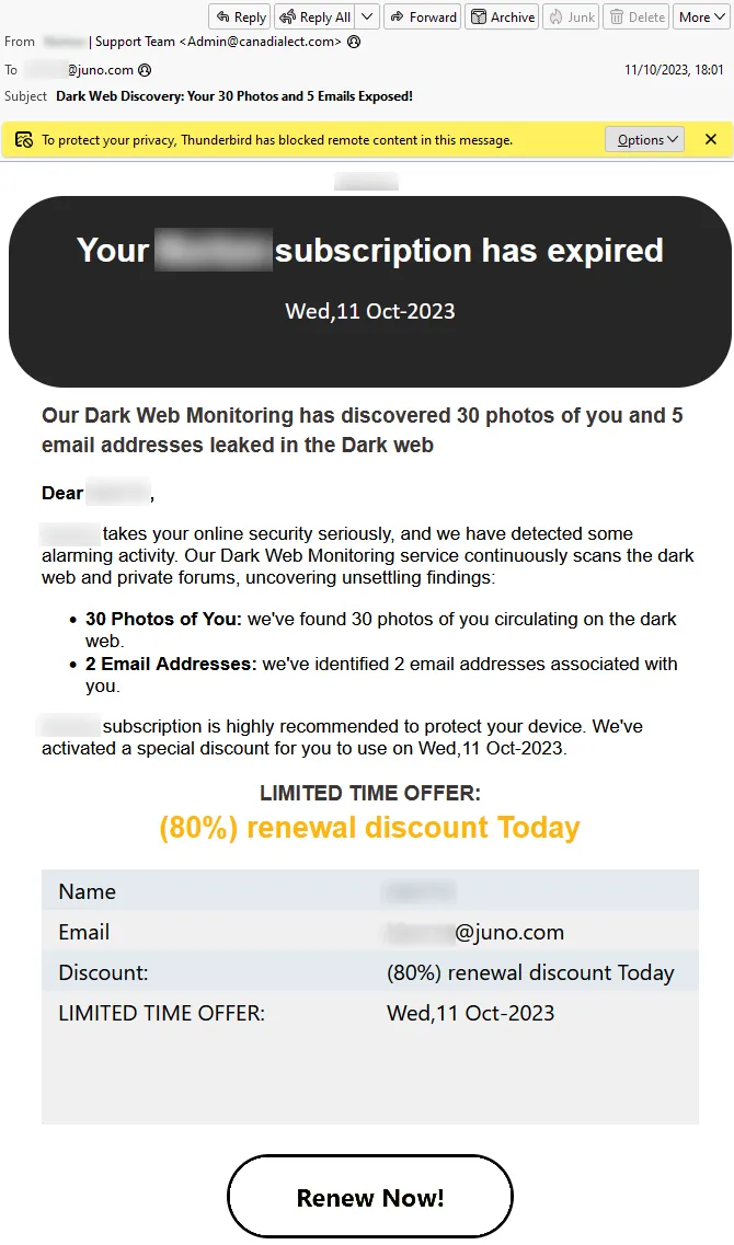 Example of a Refund and Invoice Scam seen in Q3/2023