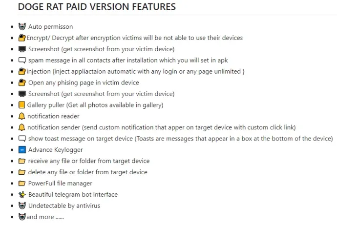 DogeRAT’s list of paid features on Github with ambitious promises such as “undetectable by antivirus”