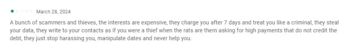 Review of a SpyLoan application on the PlayStore, citing the abusive use of contacts and data theft which is used to coerce victims