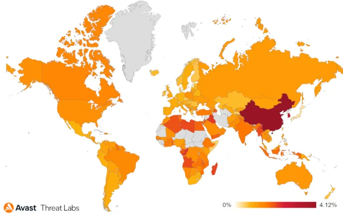 Map showing the global risk ratio for Adware in Q2/2023