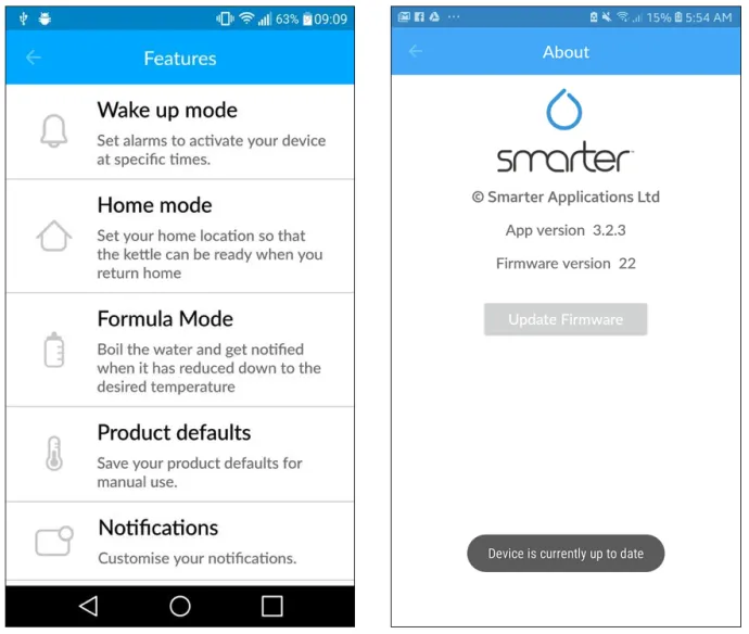 Android application for smart coffee maker, right picture shows an update screen