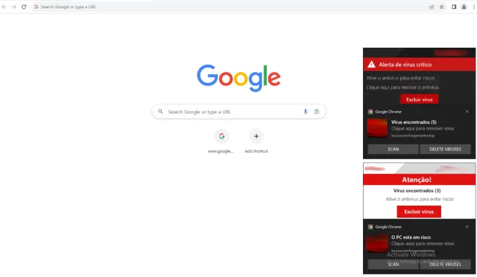 Various pop-up leading to the same scam