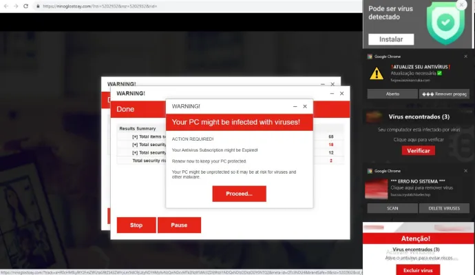 A fake alert landing page with push notification pop-ups as an example