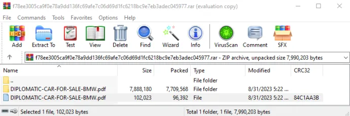 An exploit archive opened in a vulnerable version of WinRAR. Double-clicking the PDF file here would execute a malicious batch file located in the folder of the same name. Note that the PDF file does not have its usual icon. This is because there is an ex