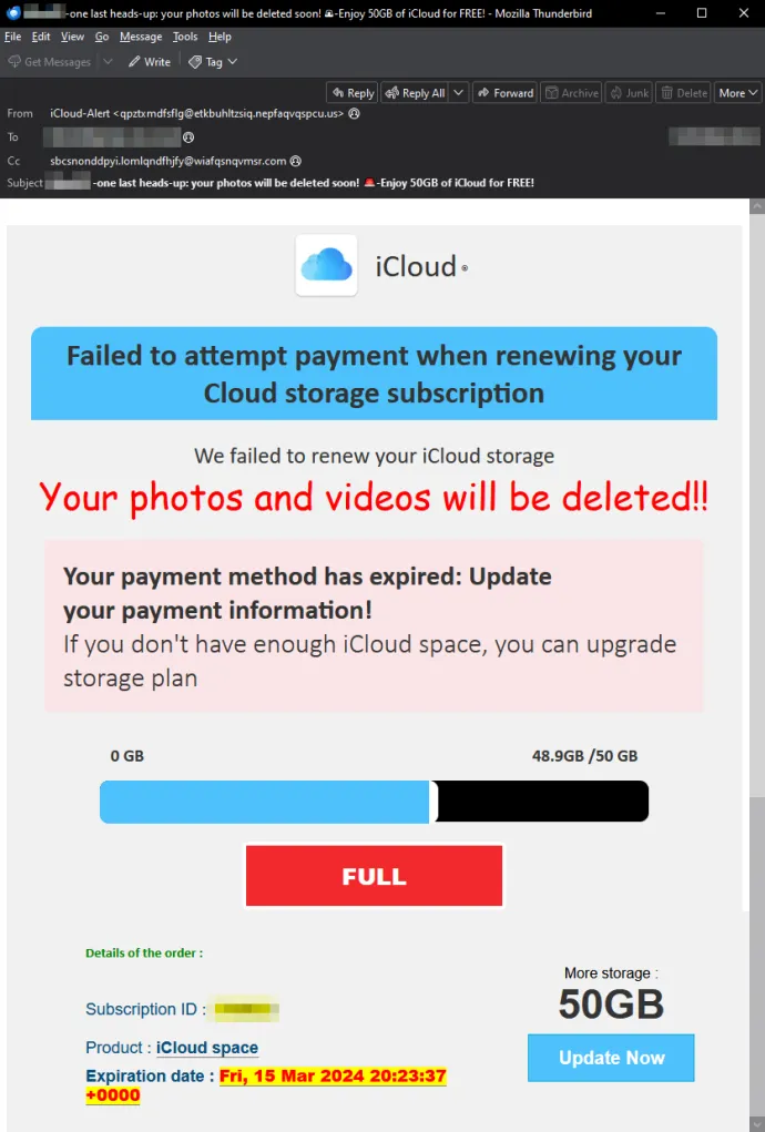 Example of iCloud-themed email scam used in Q1/2024