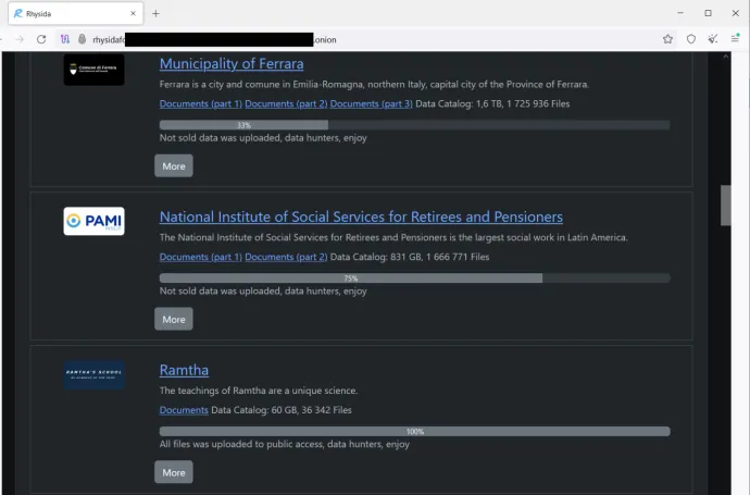 Rhysida leak site on the dark web