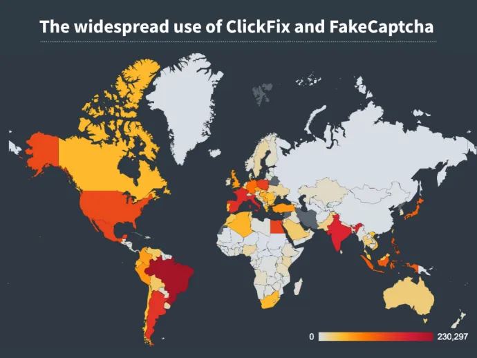 Heatmap illustrating the widespread use of ClickFix and FakeCaptcha
