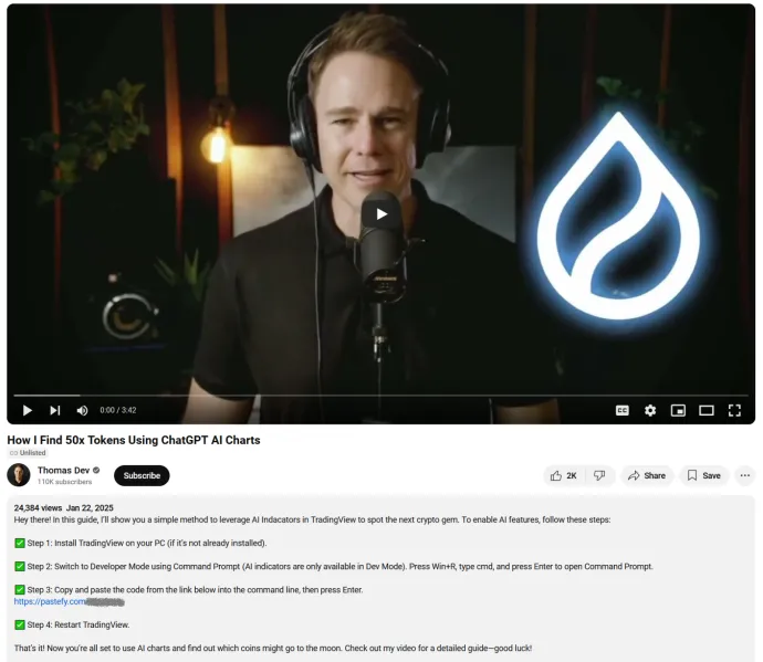 Screenshot of the AI-generated video hosted on YouTube verbally and visually explaining the steps the user should take, including the instructions in the description of the video