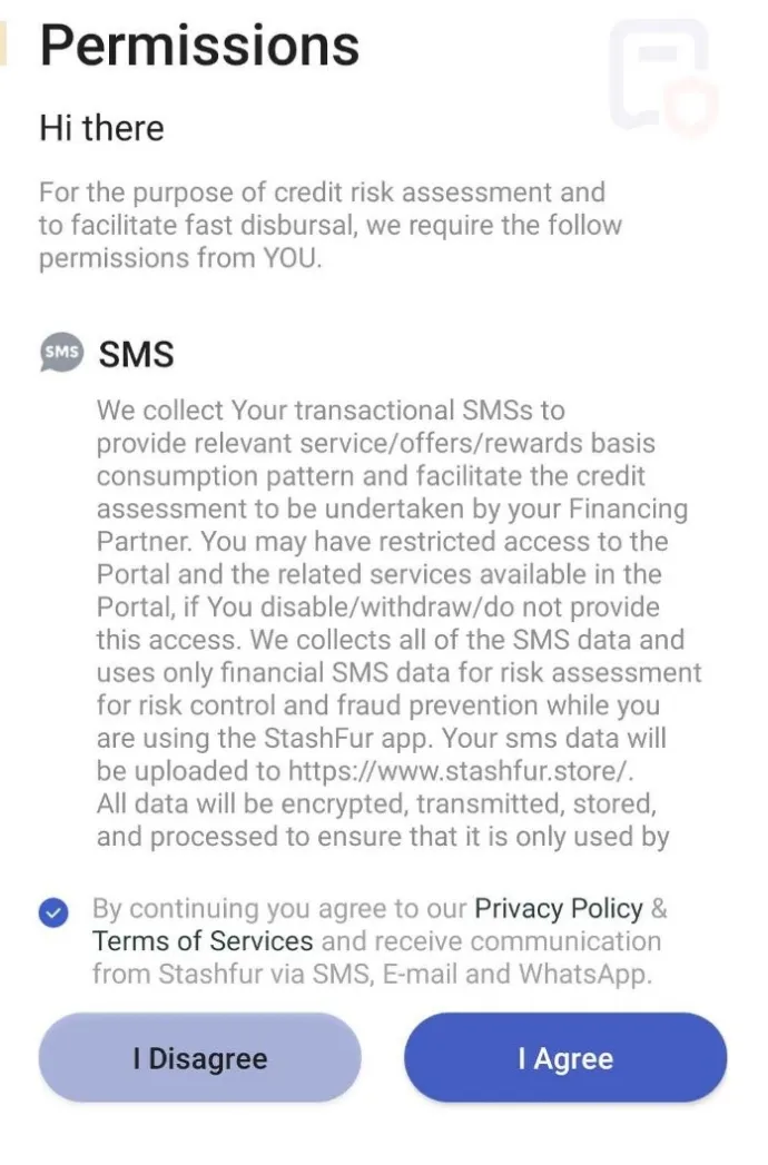 SpyLoan’s permissions screen that mentions its intrusive data collection