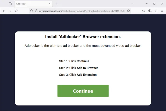 Landing page prompting to install PUP browser extension
