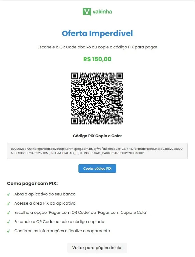 Fake payment page with PIX code and QR code