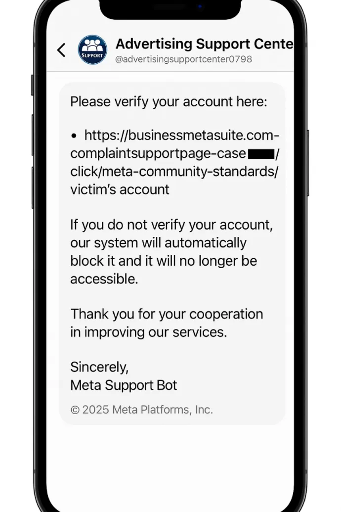 Scam message from fake "Meta Advertising Support Center"