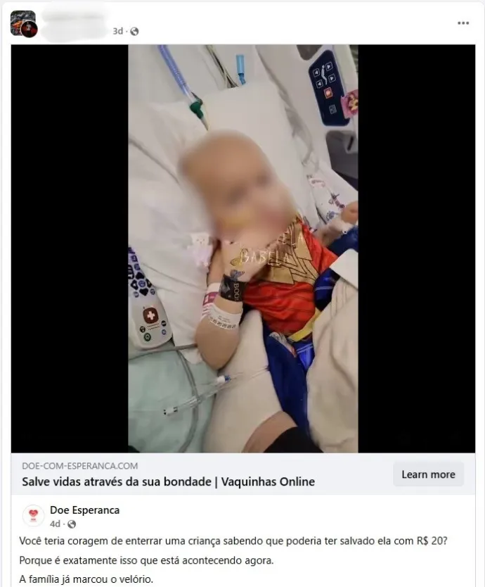Fake website posted to a Facebook group, propagating the scam using a sick child as a lure