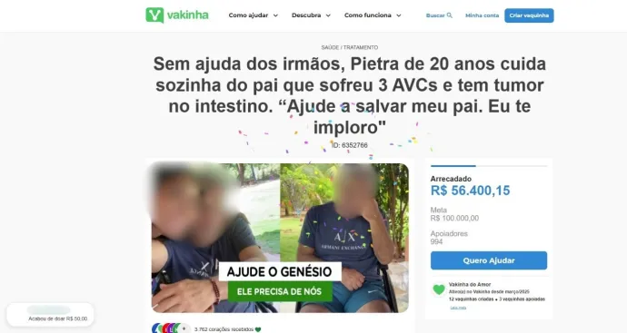 Fake website pretending to be the Vakinha online fundraising page, complete with copied description and images