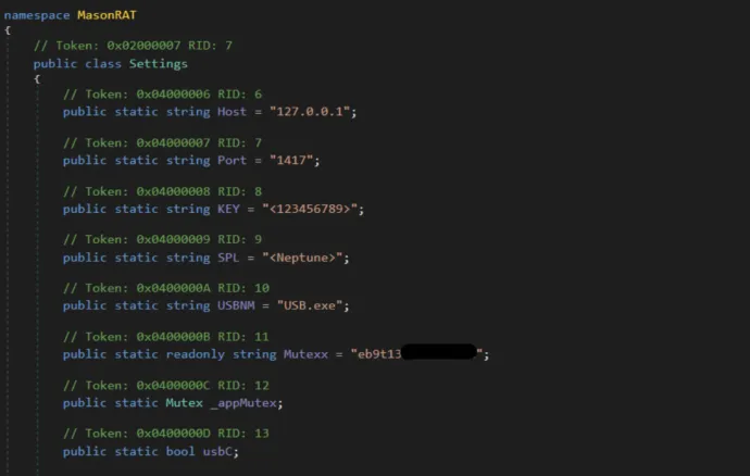 Configuration values of Neptune RAT V2 Sample