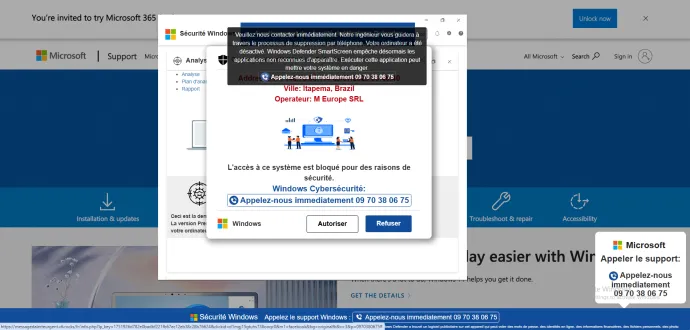 Technical support scam page with browser lock features