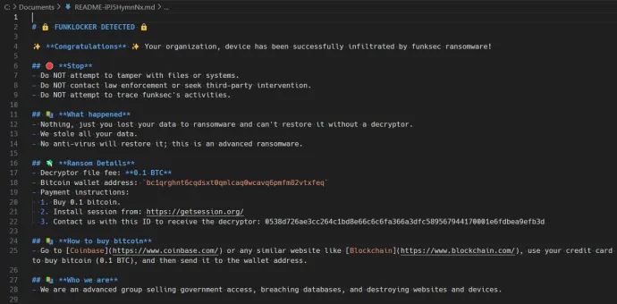 Content of the ransom note “README-{random}.md” that is dropped to every folder.