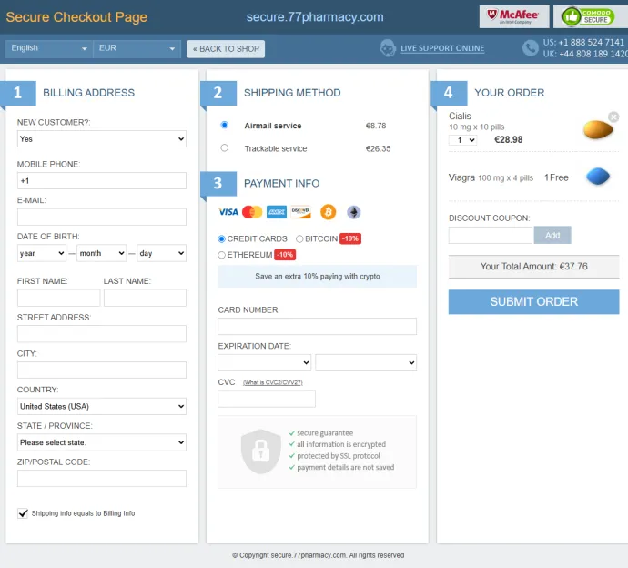 Payment gateway on a fake pharmacy website, offering a discount when Bitcoin is selected as the payment method