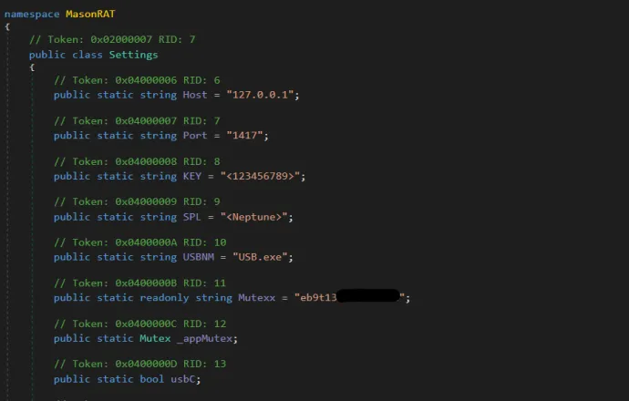 Configuration values of Neptune RAT V2 Sample