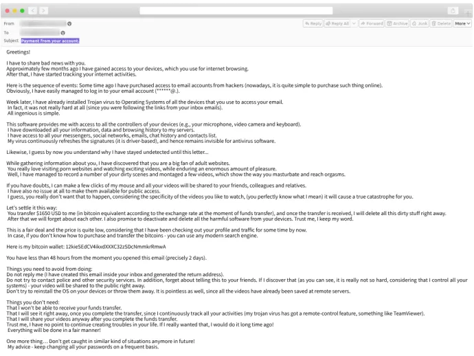 Common sextortion scam message demanding Bitcoin payment